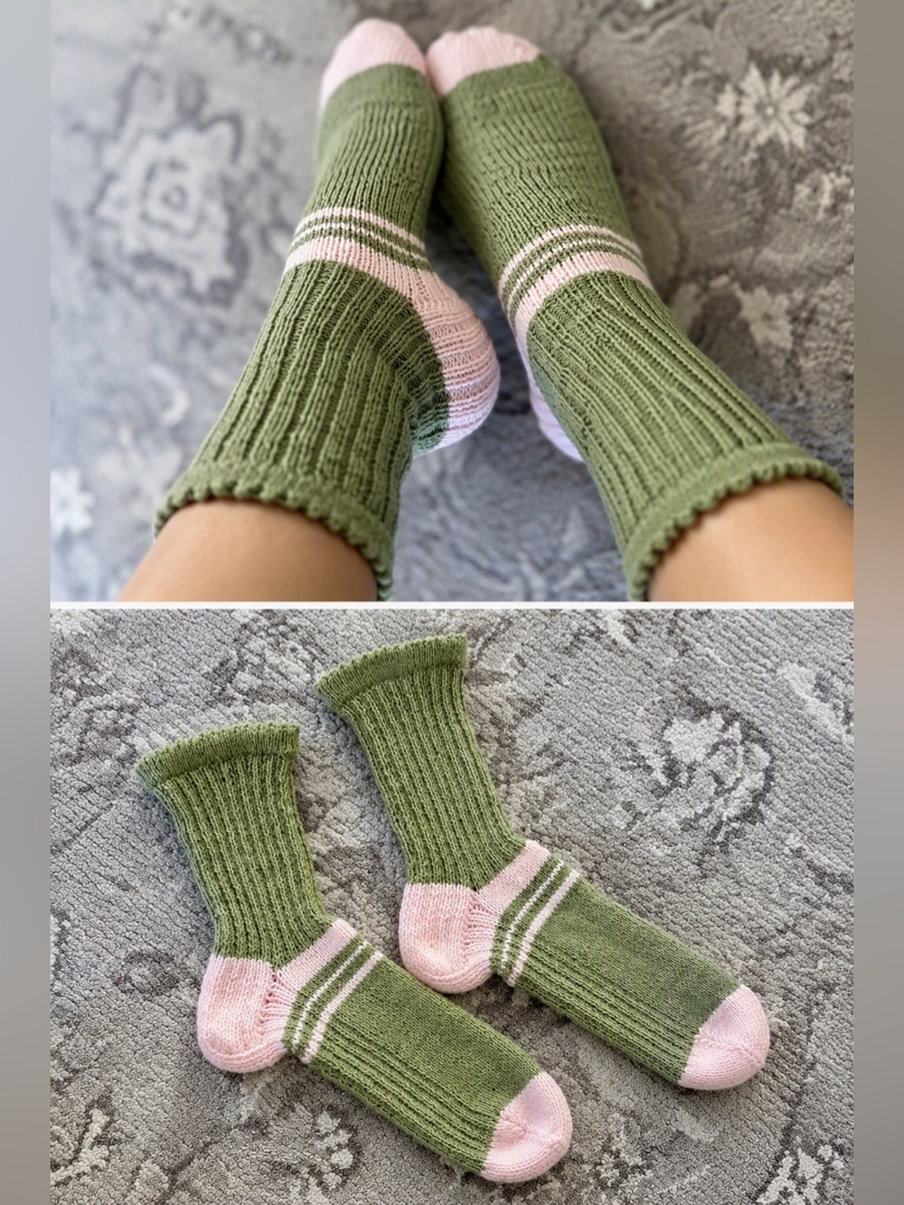 Women’s Hand Knitted Chic Green and Pink Ribbed Striped Socks 🧦